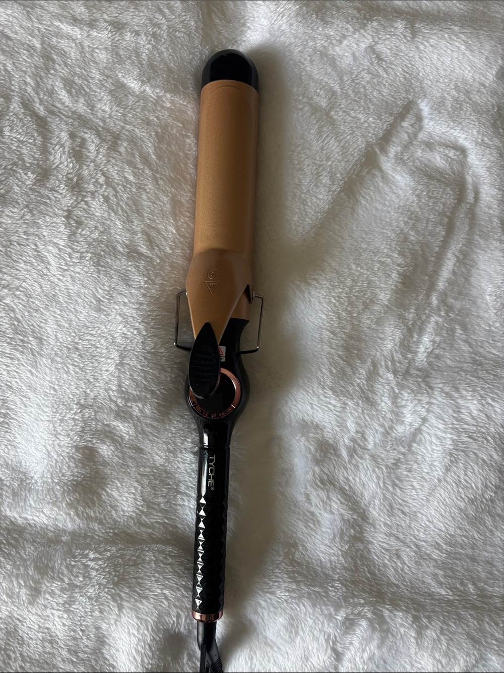 Tyche Rose Gold Barrel Curling Iron with Black Handle Size 1 & 3/4 Inches